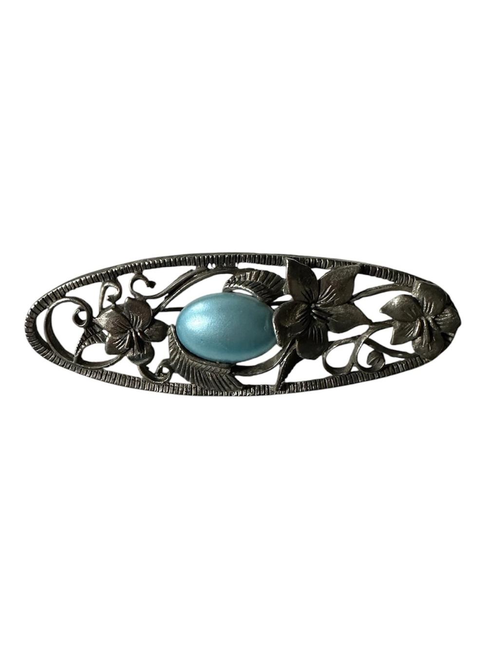 Vintage Floral Oval Brooch with Light Blue Faux Pearl